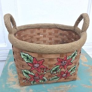 Christmas Basket Boho Woven Wicker Basket Tweed Linen with Handles Burlap Trim